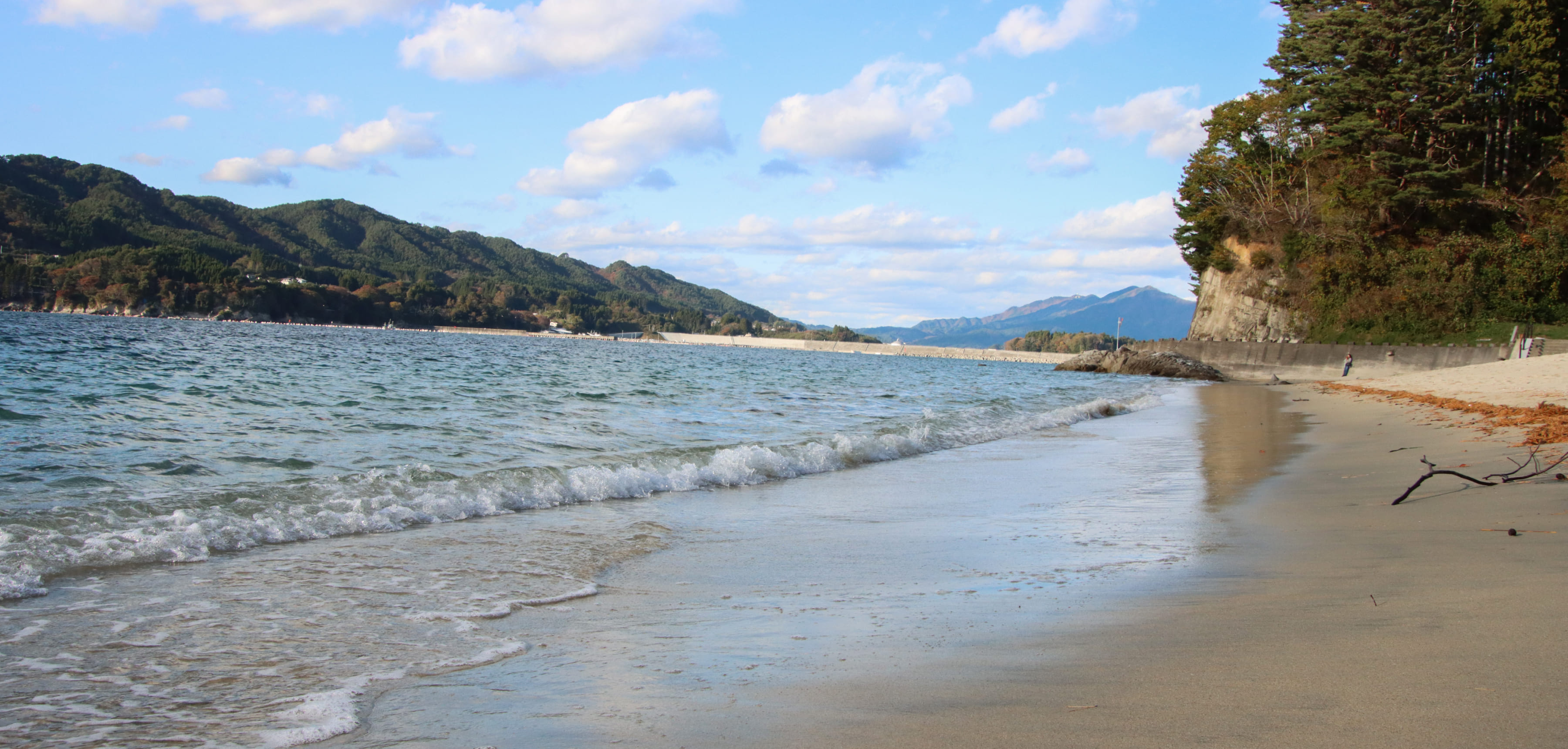 静かな砂浜と青い海、背後に山々が広がる風景